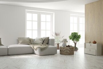 White living room with sofa. Scandinavian interior design. 3D illustration