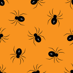 Black spiders on a orange background. Halloween seamless pattern. For backdrop, wrapping paper, fabric, wallpaper