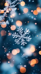 Fototapeta premium Close-up of snowflake with bokeh lights, winter wonderland atmosphere
