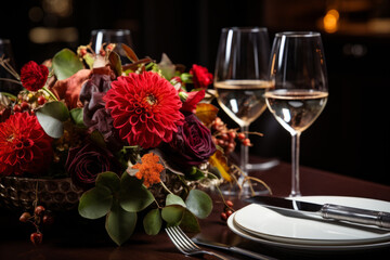 Autumn floral centerpiece and wine glasses on an elegant dinner table, ideal for seasonal celebrations and cozy gatherings
