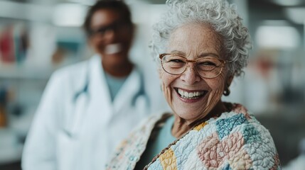 A cheerful elderly woman, wearing glasses, smiles brightly with a medical professional in the background, epitomizing health, happiness, and positive patient-care relationships. - Powered by Adobe