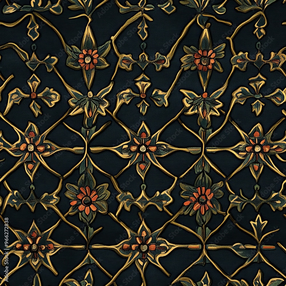 Poster intricate floral motifs intertwine creating a rich tapestry with warm colors on a dark canvas