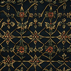 Intricate floral motifs intertwine creating a rich tapestry with warm colors on a dark canvas
