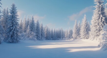 Winter landscape with snow-covered trees and clear blue sky in a tranquil forest setting