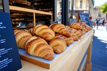 A traditional French bakery in Avignon, with fresh croissants and baguettes displayed in the window, inviting passersby