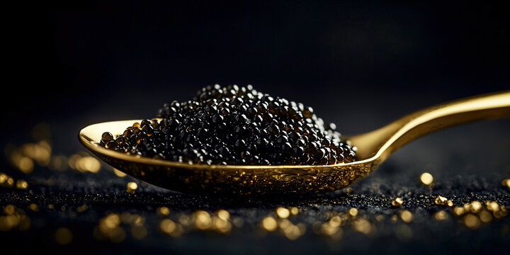 Black caviar in a golden spoon