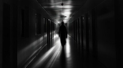 A dark, eerie hallway with a shadowy figure, evoking mystery and suspense.