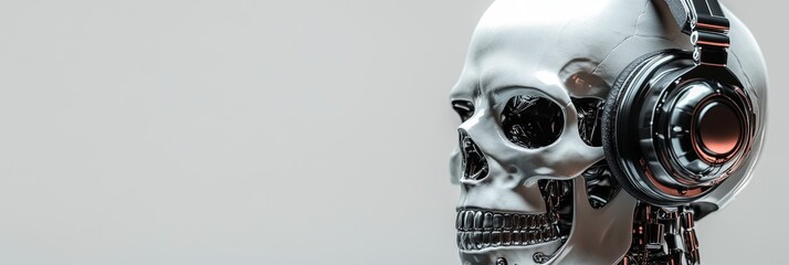 A metallic skull,  in stunning detail, is adorned with sleek headphones. The juxtaposition of organic and robotic elements symbolizes the merging of humanity and technology, the power of music