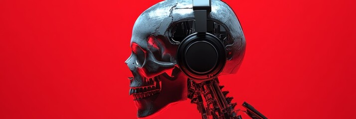 A metallic skull with headphones on is set against a red background. It symbolizes technology, mortality, music, artificial intelligence, and the future.