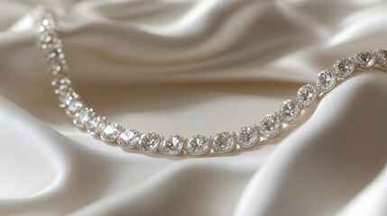 Obraz premium A close-up of a sparkling diamond necklace elegantly displayed on luxurious white satin fabric, highlighting its brilliance and sophistication.