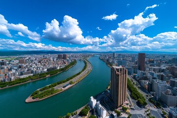 Naklejka premium A view from the top of Umeda Sky Building, capturing Osakaâ€™s sprawling cityscape and the Yodogawa River cutting through the skyline