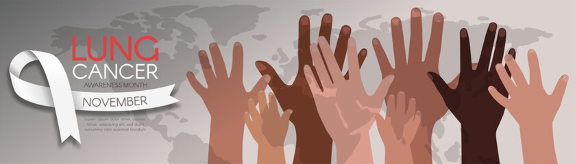 Lung Cancer Awareness Month in November. Long horizontal banner with a white ribbon, diverse hands, and space for text.  Vector flat illustration.