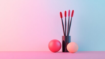 A minimal still life featuring a vase with makeup brushes, a red sphere, and a peach sphere, set against a pastel pink and blue gradient background. This image represents simplicity, beauty