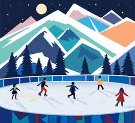Children skate on a ice rink. Landscape with mountains, forest, night sky and moon. 