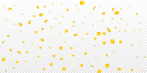 Indian rupee coins falling. Scattered gold INR