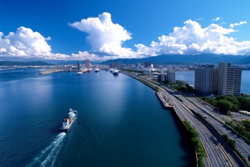 Fototapeta premium Aerial view of Osaka Bay, where the industrial side of the city meets the vastness of the sea, with ships coming in and out of port