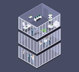 Office multi-storey building. Three levels of floors with office space. Specialists of medium and small businesses look at the premises