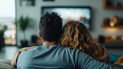 A couple enjoying a cozy evening together, sitting closely on a couch with a view of the television screen, featuring a calm and intimate atmosphere.