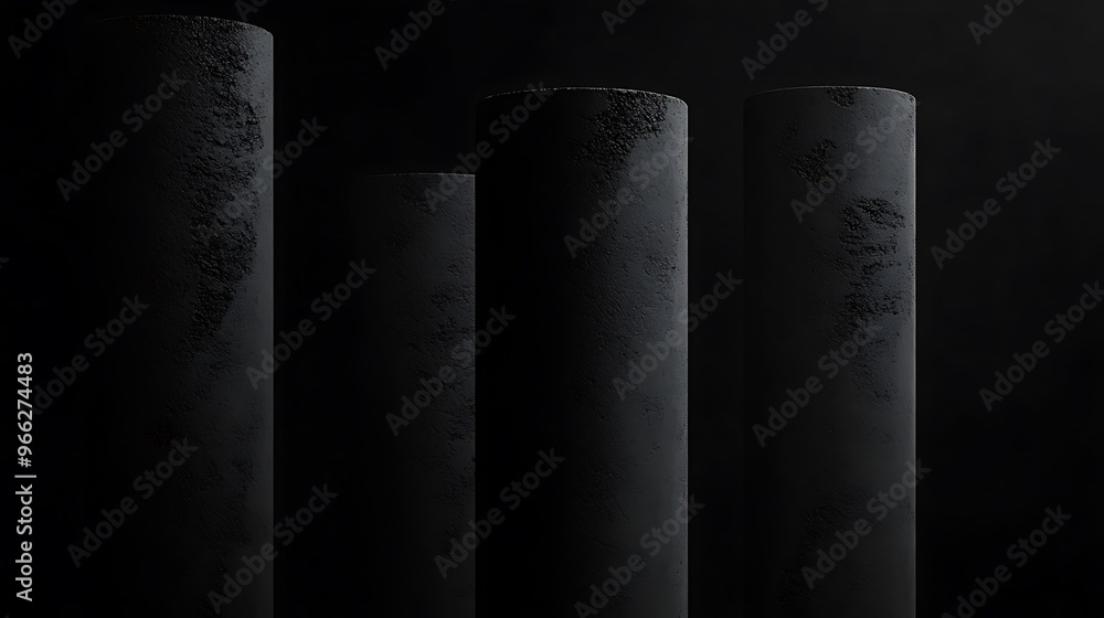 Poster enigmatic charcoal pillars: hyper-realistic octane rendering with subtle textures on black backgroun