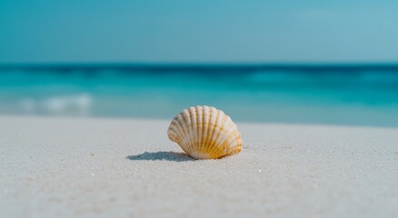 A single seashell rests on the soft white sand by the clear blue ocean on a sunny day