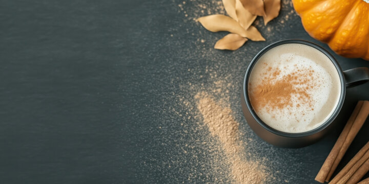 Pumpkins and organic pumpkin spice lattes in black ceramic cup with some cinnamon sticks and cinnamon powder splashing on counter top with copy space for background and banner use