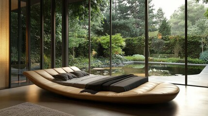 A modern leather bed with a curved design, featuring a panoramic view of a lush garden and a serene pond. The bed exudes luxury and comfort, ideal for a relaxing and revitalizing sleep.