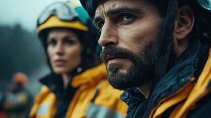 Two rescue workers wearing helmets and yellow jackets are looking concerned at a scene, possibly analyzing a critical situation that needs immediate attention.