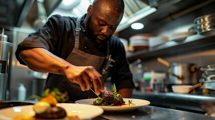 Black chef in a gourmet kitchen, plating a beautifully prepared dish in an upscale restaurant.