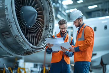Technicians inspecting jet engine performance during pre-flight checks at an airport in daylight hours.