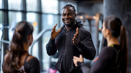 Black fitness coach guiding a workout class, encouraging clients in a sleek gym environment.