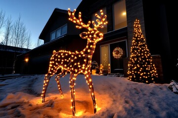 Christmas lights forming the shape of a reindeer, lighting up a snowy front yard in a playful holiday scene