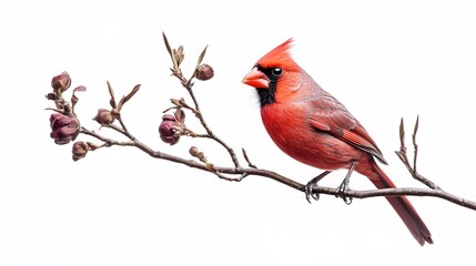 Northern Cardinal Bird Perched on a Branch on a White Background, Realistic Photo, Wallpaper, Cover and Screen for Smartphone, PC, Laptop, 9:16 and 16:9 Format