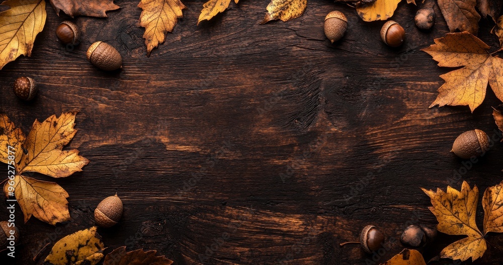 Poster autumn leaves and acorns arranged on a rustic wooden table creating a seasonal display