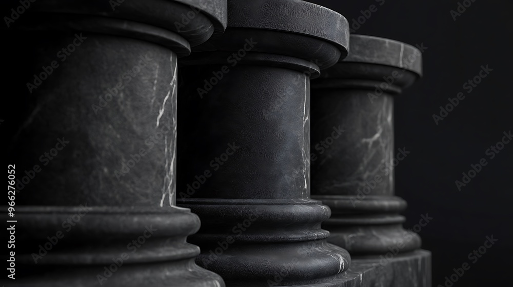 Poster elegance in darkness: hyper-realistic charcoal pillars with subtle texture details on black backgrou
