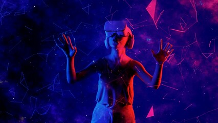 Excited smiling Asian woman looking around through VR metaverse with pointing on blue neon digital universe starry zodiac virtual space fantastic exploration nebula vibrant meta world. Hallucination.