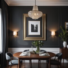 Mock up frame in cozy dark dining room interior background