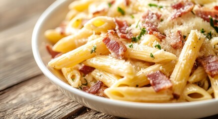 Creamy penne pasta with crispy bacon served in a bowl, perfect for a hearty meal at any time