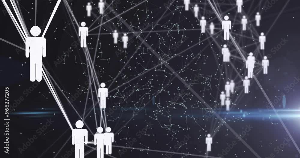 Poster animation of network of connections with icons over light trails on black background