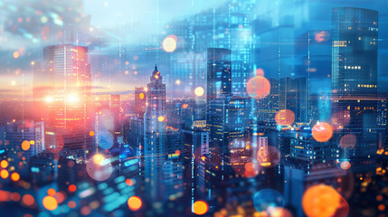 Obraz premium Dynamic cityscape background with skyscrapers and lights.