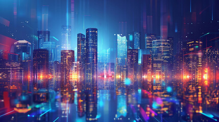 Obraz premium Dynamic cityscape background with skyscrapers and lights.