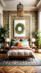 Bedroom interior in Bohemian style with patterned bed and floral corner, 3d render, white Mock up frame