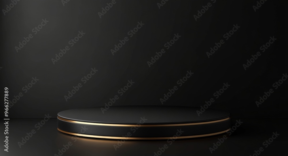 Poster minimalist circular pedestal with illuminated edge in a darkened studio environment