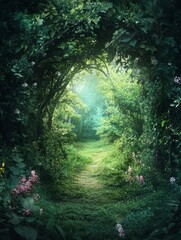 Obraz premium A picturesque path winds through a lush, green forest, bathed in soft, ethereal light. The dense foliage creates a sense of mystery and wonder
