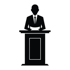 A man in a business suit. Businessman reading the report on the podium, vector illustration, Black color silhouette 
