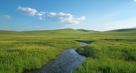 Obraz premium Lush green meadow with white flowers beside a flowing river under a cloudy sky in spring