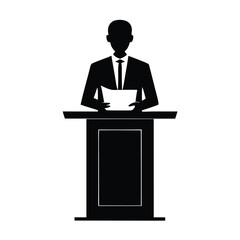 A man in a business suit. Businessman reading the report on the podium, vector illustration, Black color silhouette 