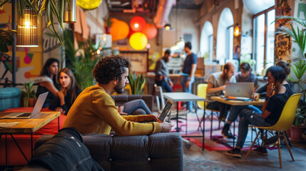 Obraz premium Entrepreneurs collaborating in a vibrant coworking space.