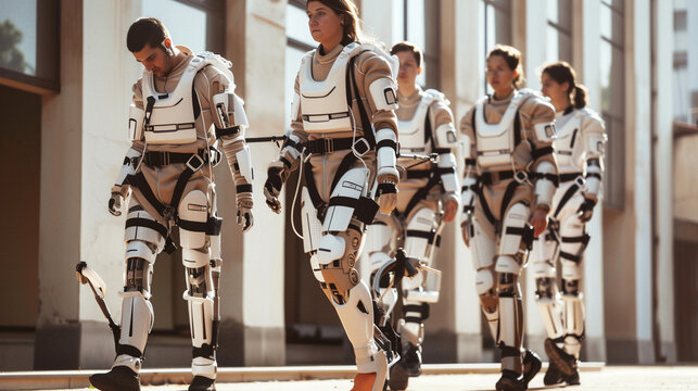 Exoskeleton suits for mobility-impaired people, showcasing advancements in human augmentation technology.