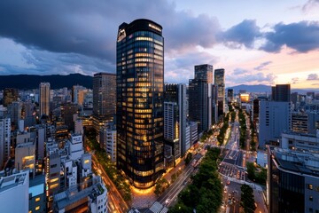 Fototapeta premium Osaka cityscape captured at twilight, where the last light of the day glows softly on the buildings before the city comes alive with neon lights