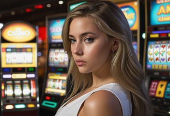 Naklejka premium Serious sad young woman posing near slot machines in a casino - gaming addiction illustration